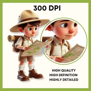 May include: A cartoon illustration of a young explorer wearing a brown hat and khaki clothing. The explorer is holding a map and has a brown backpack. The image is 300 DPI, high quality, high definition, and highly detailed.