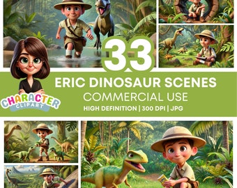 Explorer & Dinosaur Adventure Clipart | 33 Commercial Use Backgrounds | High-Quality 300 DPI | Storybook and Video Illustrations