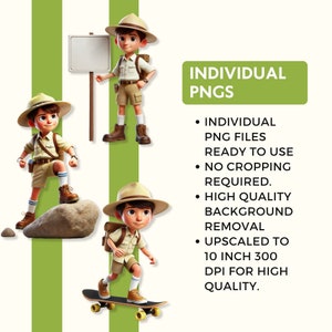 May include: Three cartoon illustrations of a young explorer wearing a brown hat, khaki shorts, and a backpack. The explorer is shown in three different poses: standing with a sign, standing on a rock, and riding a skateboard.