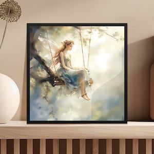 Enchanted Forest Fairy Digital Art, Whimsical Fairytale Printable Wall Decor, Mystical Fantasy Artwork, Ethereal Fairy Swing Illustration