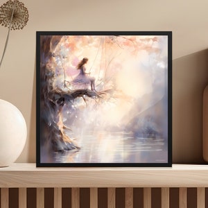 Enchanted Forest Fairy Swing Digital Art, Whimsical Printable Wall Art, Fantasy Nature Landscape Illustration, Pastel Room Decor Download