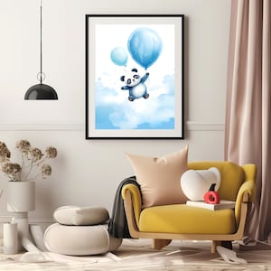 Blue Baby Panda with Balloons, Printable , 3 Large sizes included , Blue Balloon Illustration