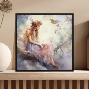 Enchanted Forest Digital Art, Ethereal Fairy and Bird, Fantasy Tree Setting, Printable Wall Decor, Mystical Nature Illustration