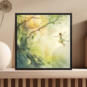 Enchanted Forest Fairy Digital Art, Whimsical Fantasy Tree with Magical Fairy, Printable Nursery Decor, Mystical Nature Illustration