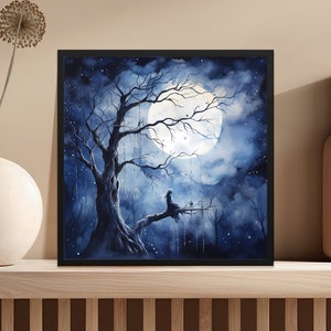 Mystischer Nachthimmel Digital Kunst, Mondschein Baum Schaukel Fantasy Illustration, Gelassene Wandkunst