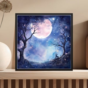 Verzauberter Nachthimmel Digitaldruck, Skurrile Mond Kunstwerk, Fantasy Bäume Illustration, Magische Schaukel unter Sternen, Herunterladbar, Fee, Quadrat