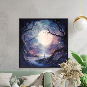 Arte digital da floresta encantada, paisagem noturna mística ao luar, download de cenário de fantasia natural, decoração de parede para impressão
