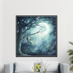 Arte digitale dell'altalena notturna della foresta incantata, sfondo del cielo stellato mistico, download di illustrazioni dell'altalena dell'albero fantasy, fata