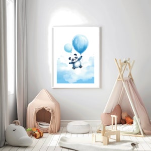 Bundle of 3 Large sizes  Cute Blue Panda  with Balloons Digital Art, Nursery Wall Decor, Baby Shower Printable, Kids Room Poster