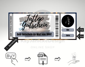 Tattoo Gutschein Digitale Vorlage - Personalisierterer Digitaler Tattoo Gutschein zum ausdrucken und verschenken.