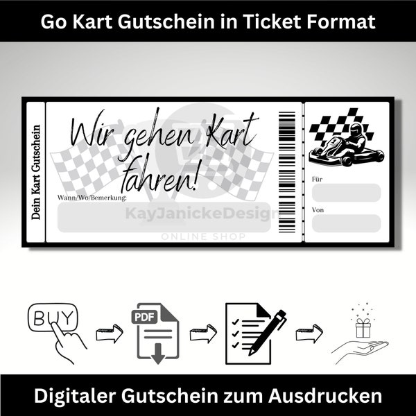 Go Kart Voucher Template - Digital download file in ticket format to print out yourself as a gift idea for birthdays and more.