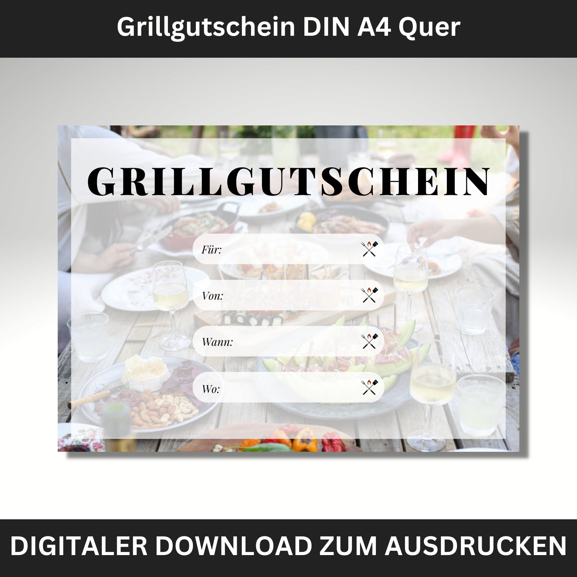 Grill Gutschein Digital zum Ausdrucken und verschenken in DIN A4 Format