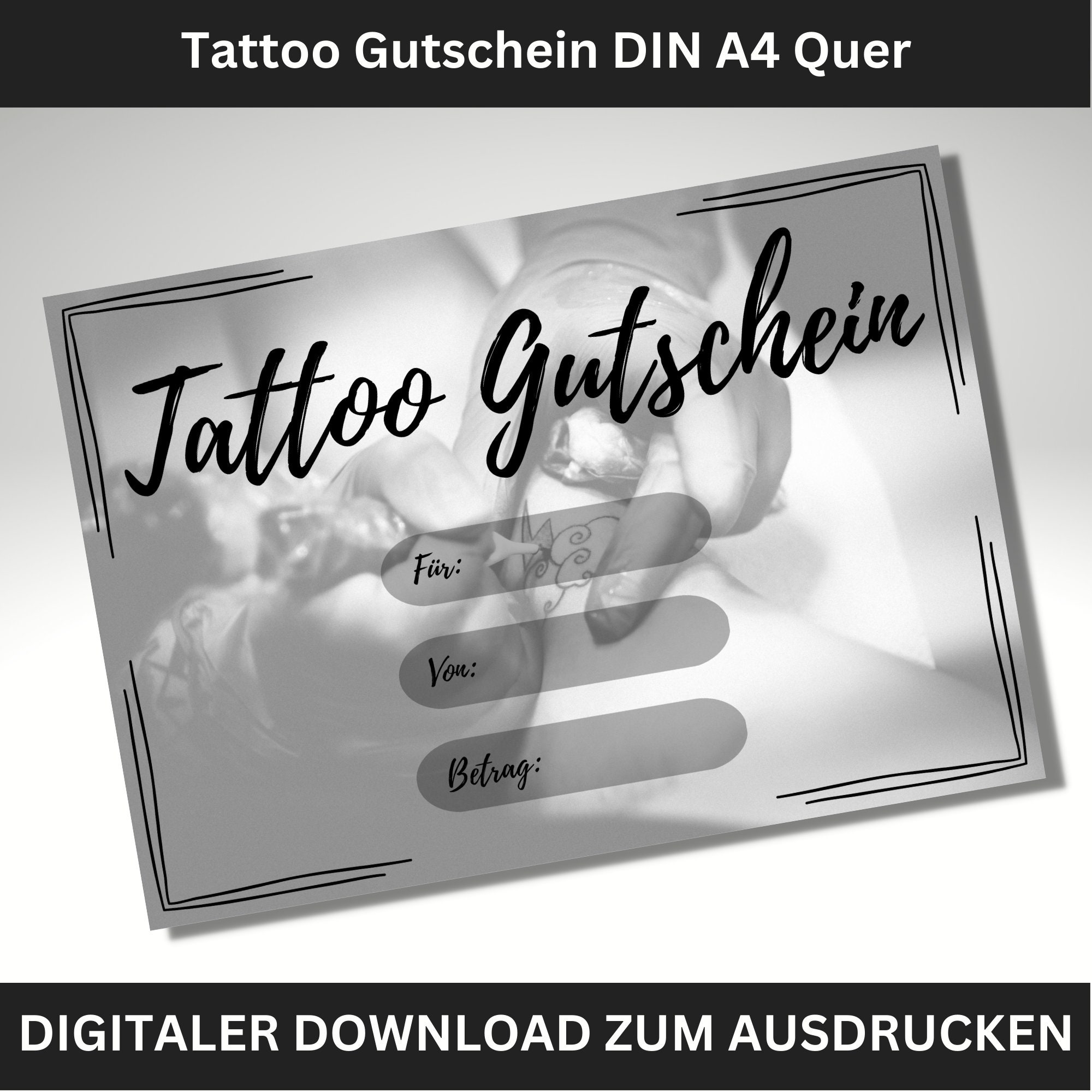 Tattoo Gutschein Digital zum Ausdrucken und verschenken in DIN A4