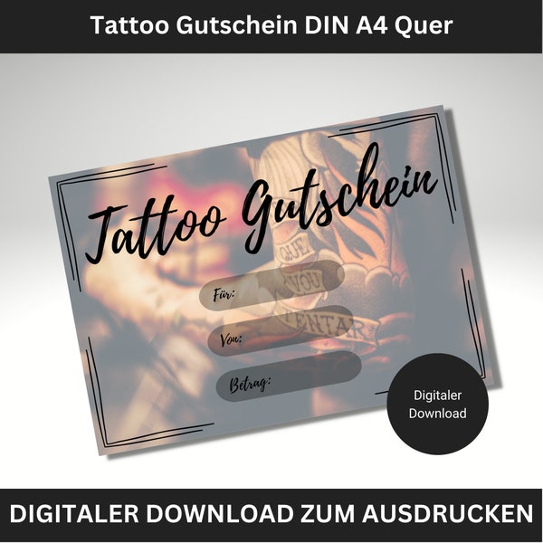 Tattoo Gutschein Digital zum Ausdrucken und verschenken in DIN A4 Format. / Gutschein für Geburtstag oder anderen Anlass.