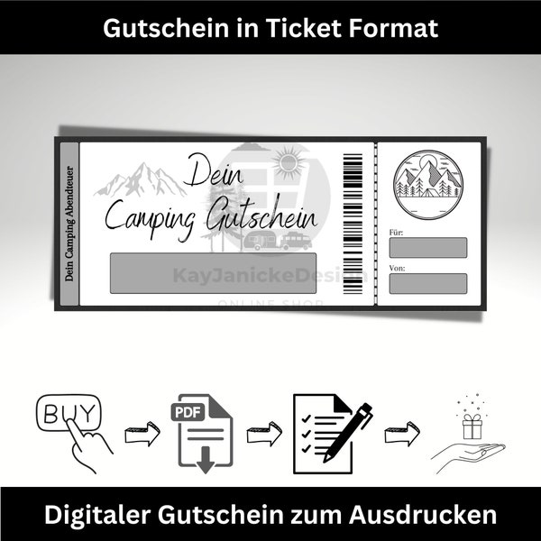 Camping Gutschein Vorlage: Digitaler Download für einen Camping Urlaub Ticket, Zelten gehen, Camping Trip,  Wochenendtrip, Ausflug