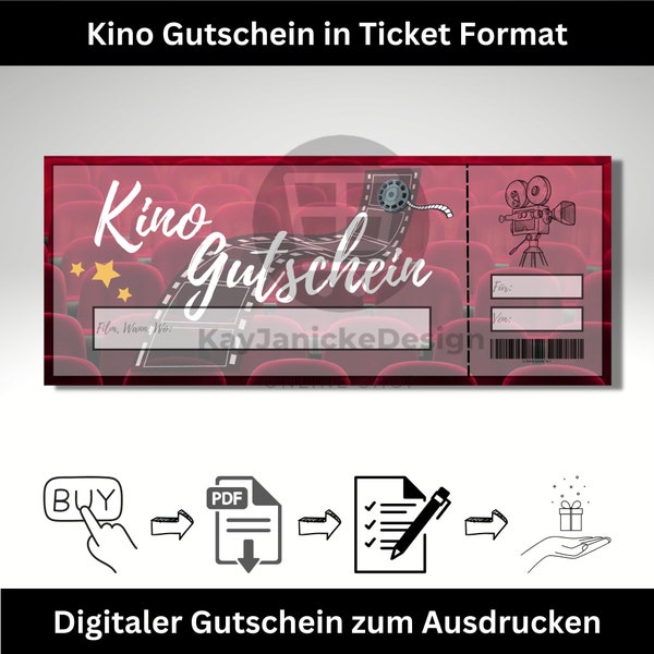 Kino Gutschein Vorlage - Digitale Download-Datei im Ticketformat zum selber Ausdrucken als Geschenkidee für Geburtstage und mehr.