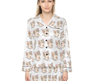 Damen Satin Pyjama mit süßem Katzen Muster