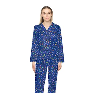 Women&#39;s Navy Blue Dot Print Satin Pajamas