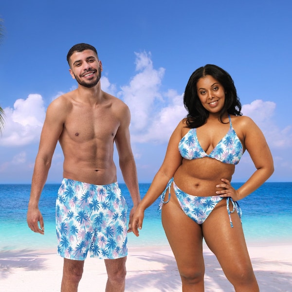 His and Hers Couples Swimsuits  Blue and Pink Palm String Bikini Set and Swim Trunks Recycled Materials