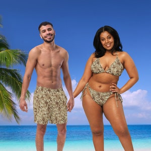 His and Hers Couples Swimsuits Army Camouflage String Bikini Set and Swim Trunks Recycled Materials