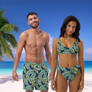 His and Hers Couples Swimsuits Navy Palm Print Bikini Set and Swim Trunks Recycled Materials