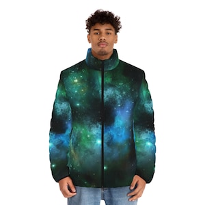 Men s Galaxy Puffer Jacket Blue and Red Streetwear Bubble Coat Designer Fashion Outer Space Astronomy Nova Celestial Etsy Australia