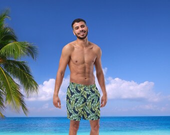 Men's Navy Palm Print Swim Trunks Recycled Materials