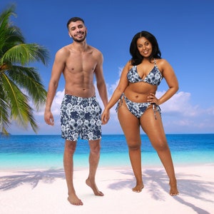 His and Hers Couples Swimsuits Navy Rose Print Floral String Bikini Set and Swim Trunks Recycled Materials