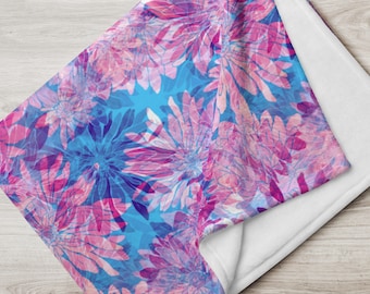 Chrysanthemum Blue and Pink Floral Fleece Throw Blanket