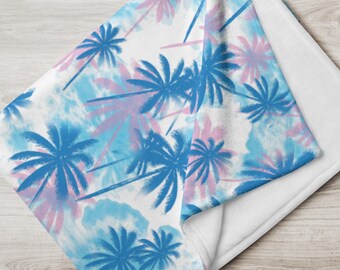 Jeté rose et bleu en polaire à imprimé palmiers