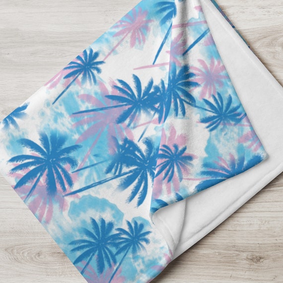 Pink and Blue Palm Print Fleece Throw Blanket