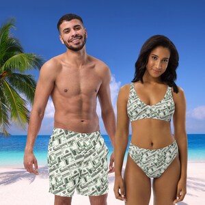 Für Sie und Ihn Paare Badeanzüge 100 Dollar Print Bikini Set und Badehose Recycelte Materialien