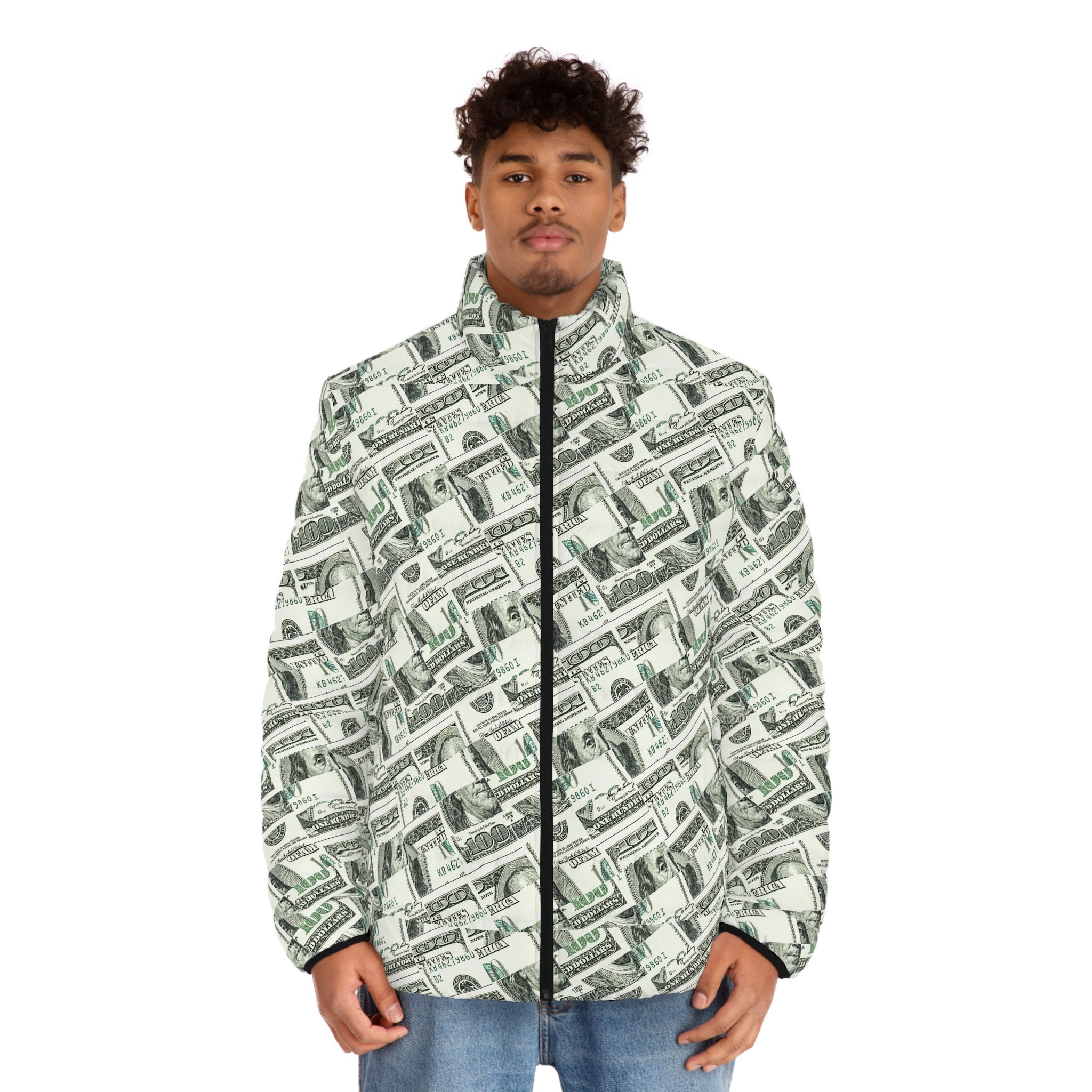 Men's 100 Dollar Print Puffer Jacket - Etsy
