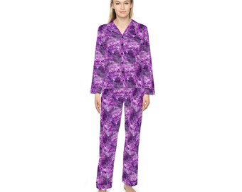 Lila lila tryckt satinpyjamas för kvinnor