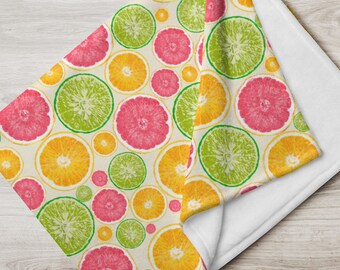 Fun Fruit Print Yellow Fleece Throw Blanket