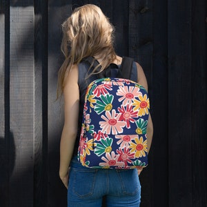Sac à Dos Fleurs Roses sur Marine Taille Moyenne