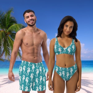 His and Hers Couples Swimsuits Sea Horse Print Bikini Set and Swim Trunks Recycled Materials
