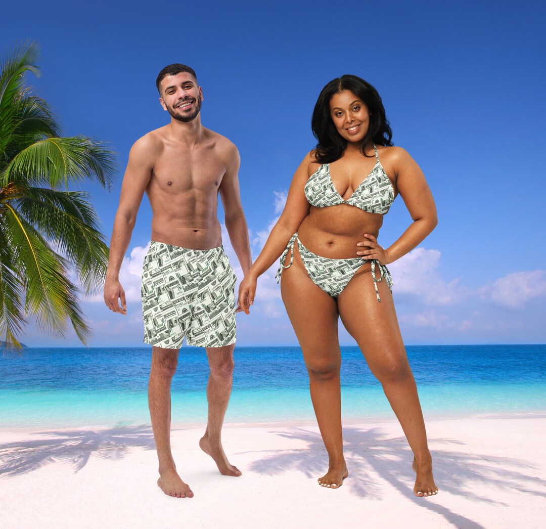 His and Hers Couples Swimsuits 100 Dollar Print String Bikini Etsy
