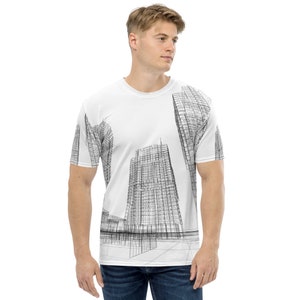 Men&#39;s Building Drawings White and Black T-shirt