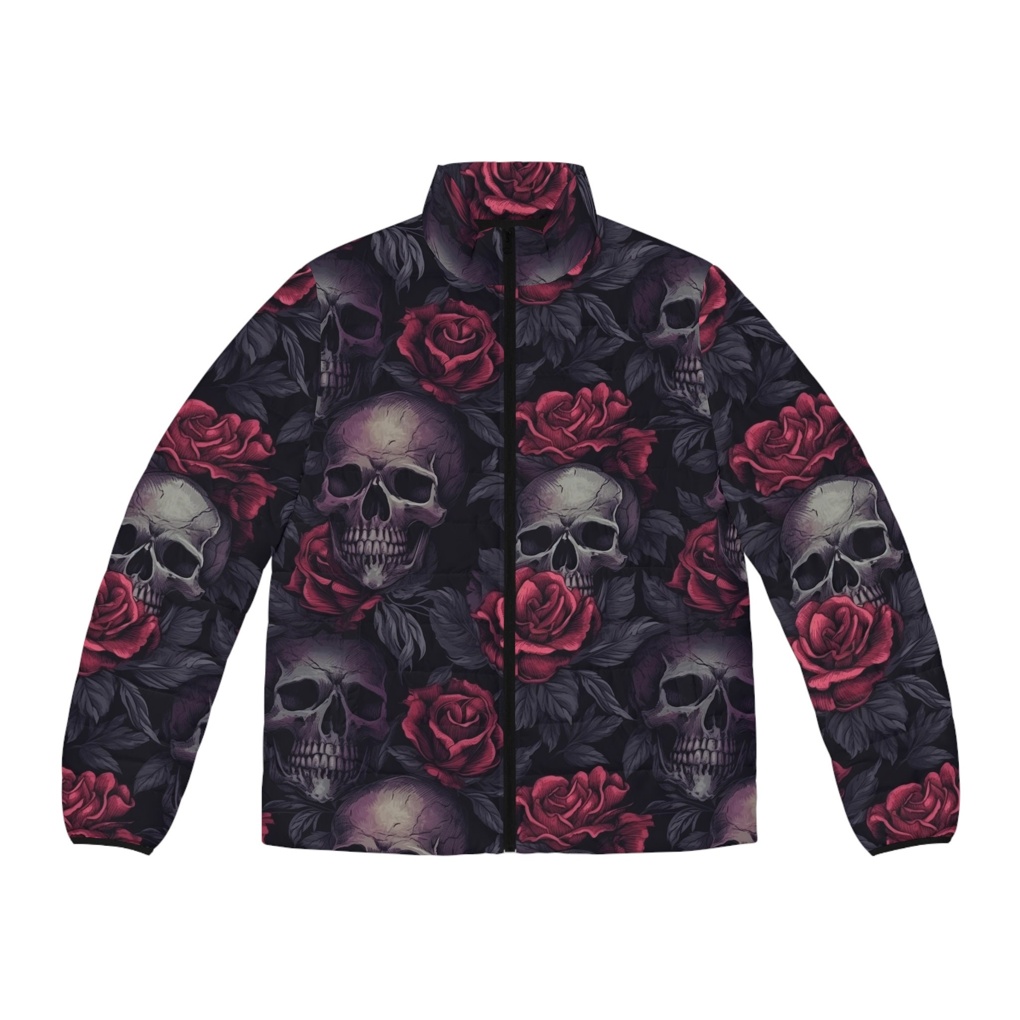 Men's Black Skull and Roses Puffer Jacket - Etsy