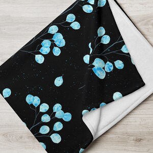 Blue Flowers on Black Fleece Throw Blanket
