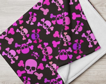 Skull Print Pink and Purple Fleece Throw Blanket