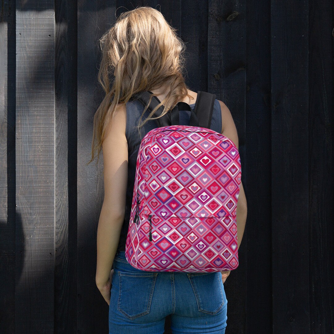 Pink Patterned Backpack Backpack Pink and Purple Heart Print Medium Sized - Etsy
