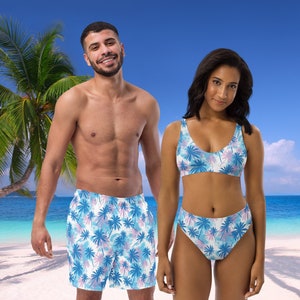 His and Hers Couples Swimsuits Blue and Pink Palm Print Bikini Set and Swim Trunks Recycled Materials