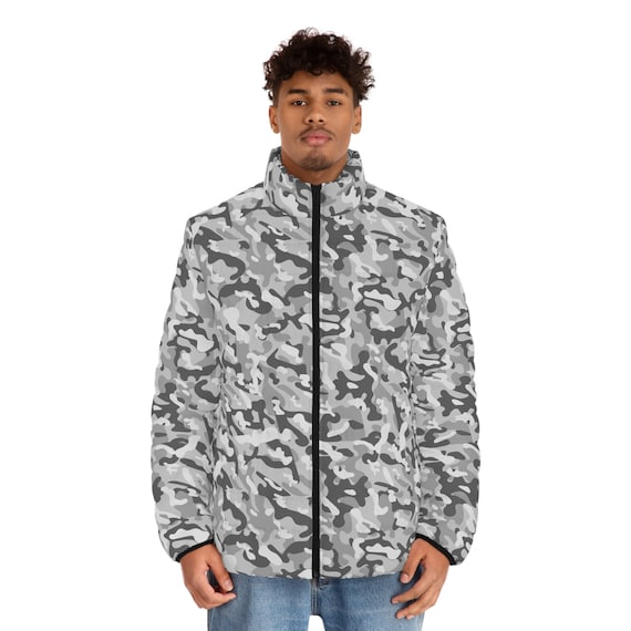 Grey camo puffer jacket new arrivals