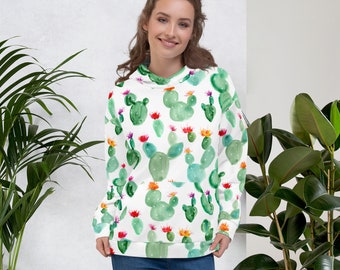 Cactus Print Green and White Unisex Hoodie