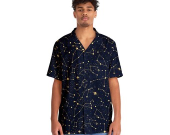 Universe Galaxy Star Space Print Casual Summer Hommes Chemise Boutonnée à Manches Courtes Hauts Cubains, Robe De Plage Hawaïenne, Noir, S Grote Maten