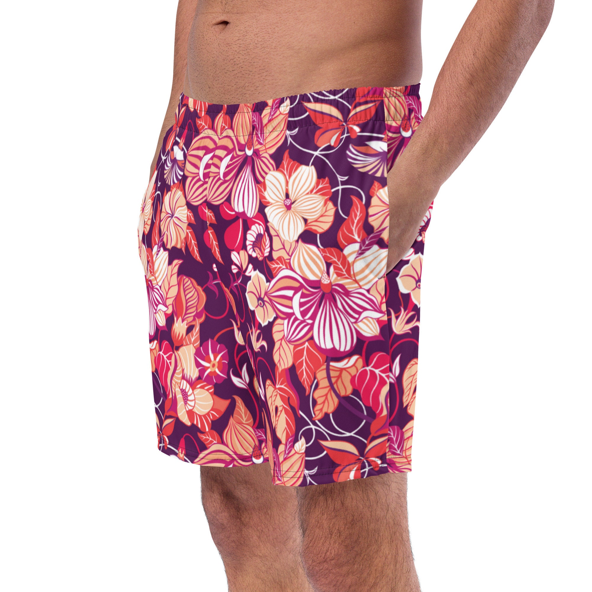 His and Hers Couples Swimsuits Pink Floral Bikini Set and Swim Trunks ...