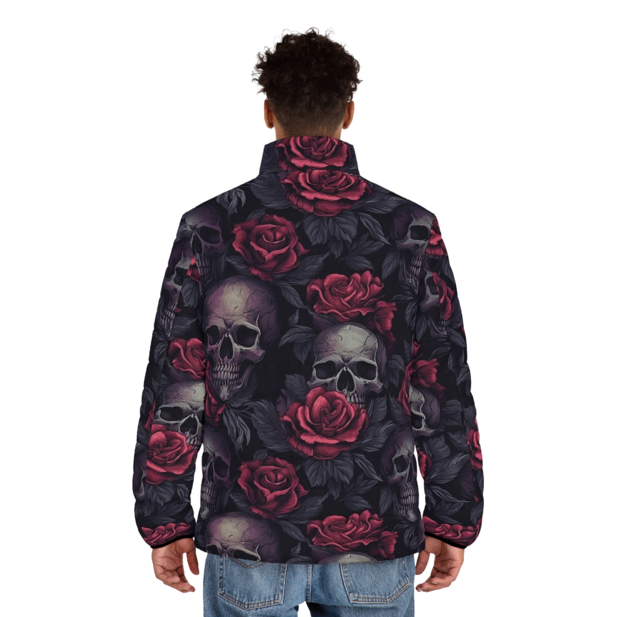 Men's Black Skull and Roses Puffer Jacket - Etsy