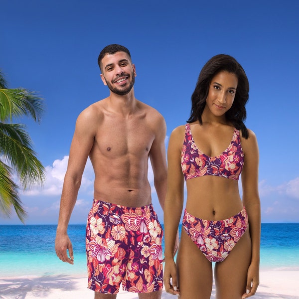 His and Hers Couples Swimsuits Pink Floral Bikini Set and Swim Trunks Recycled Materials